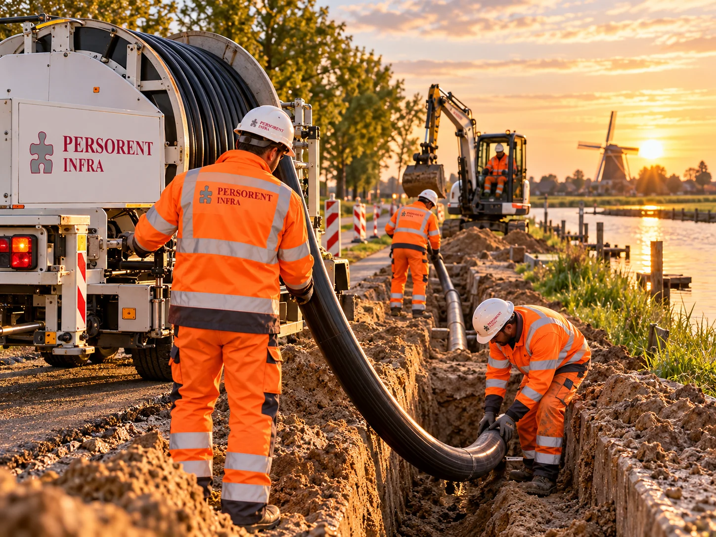 Zware elektrakabel wordt vanaf een kabelhaspel in een sleuf langs een polderweg gelegd