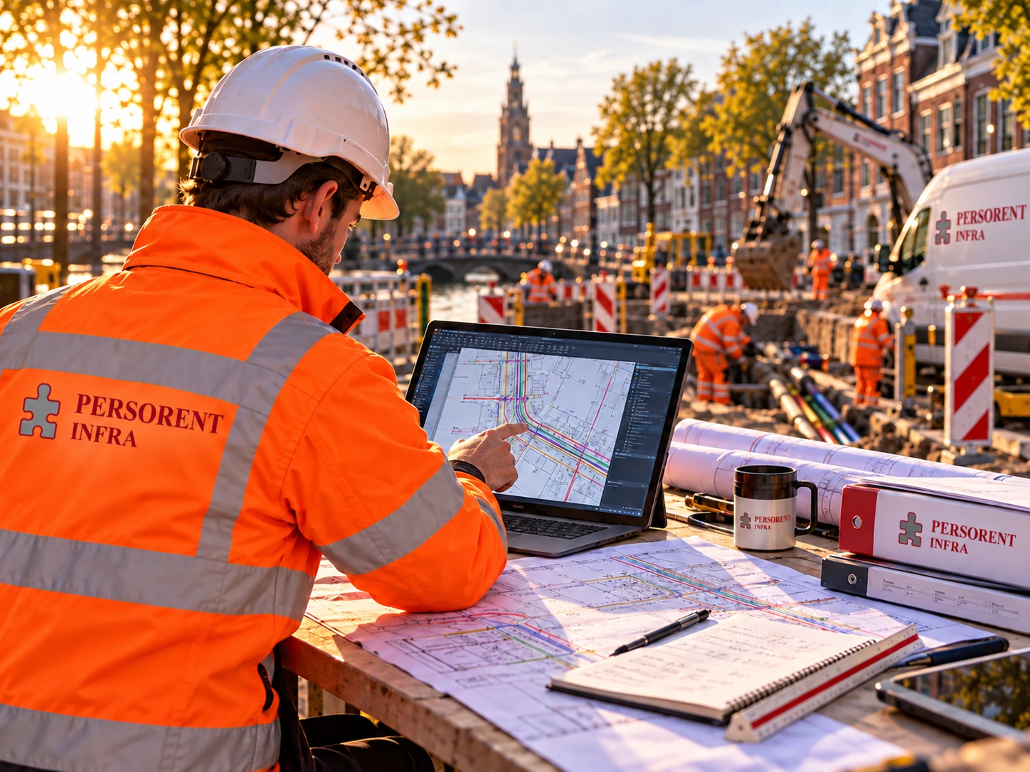 Werkvoorbereider van Persorent Infra bekijkt het tracéontwerp en de KLIC-gegevens op een laptop bij het project