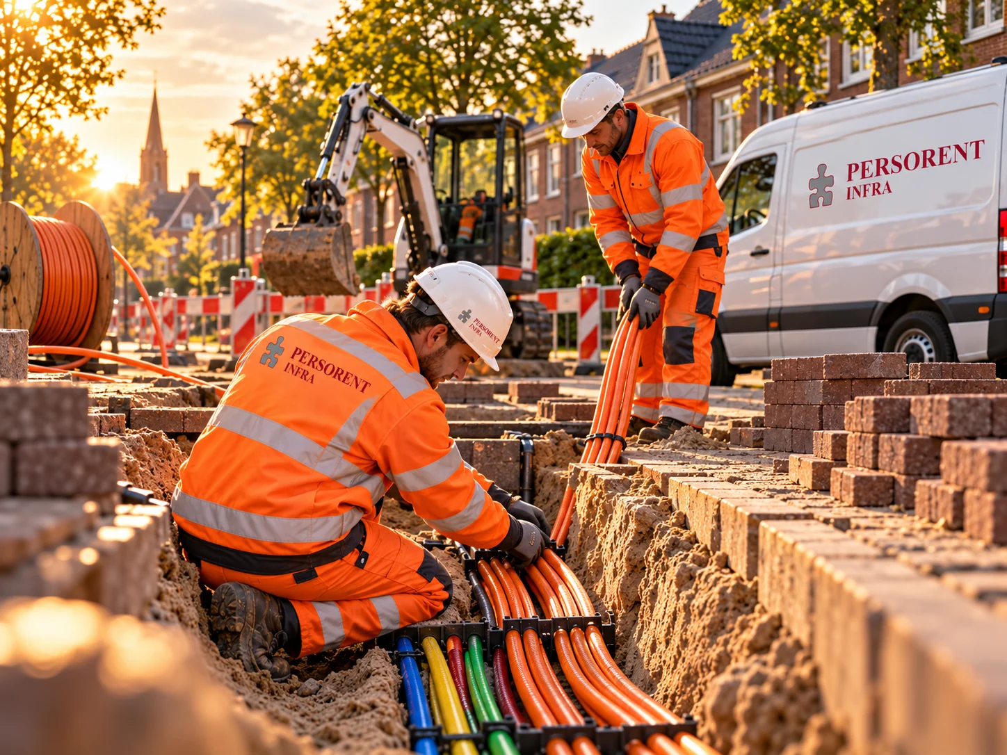 Medewerker legt glasvezelbuizen en microducts in een open sleuf