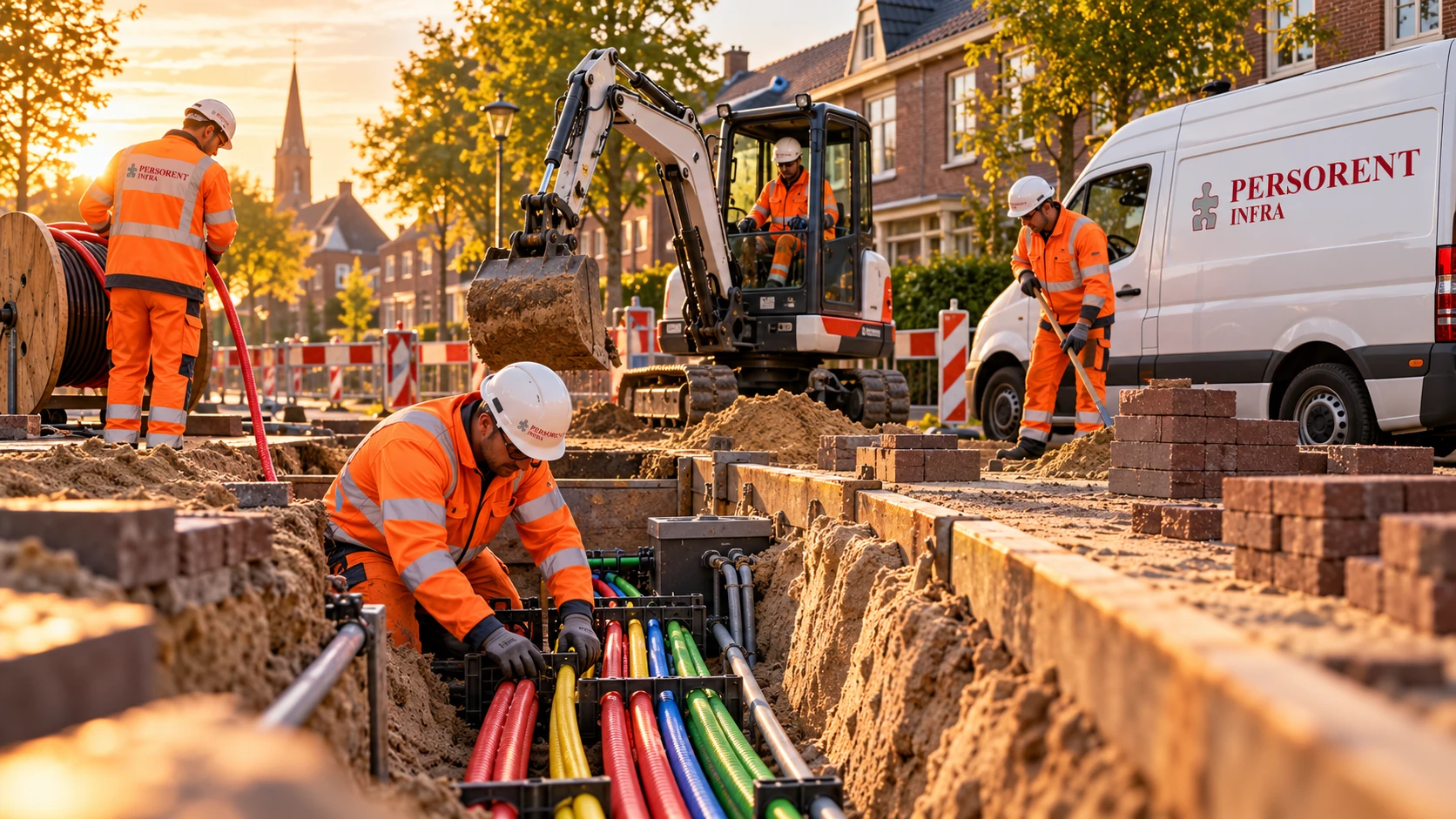 Persorent Infra-ploeg met minigraver, open kabelsleuf met gekleurde buizen en een Persorent-bedrijfsbus in een Nederlandse straat