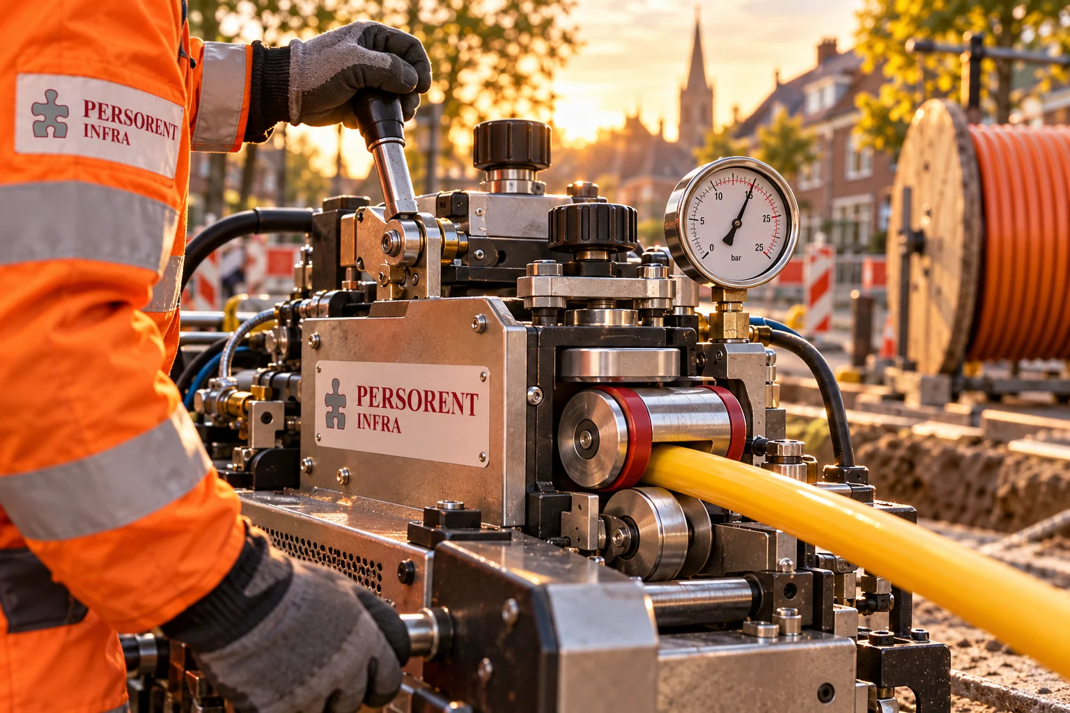 Close-up van een kabelblaasmachine met drukmeter, aandrijfrollen en de kabel die de machine in gaat