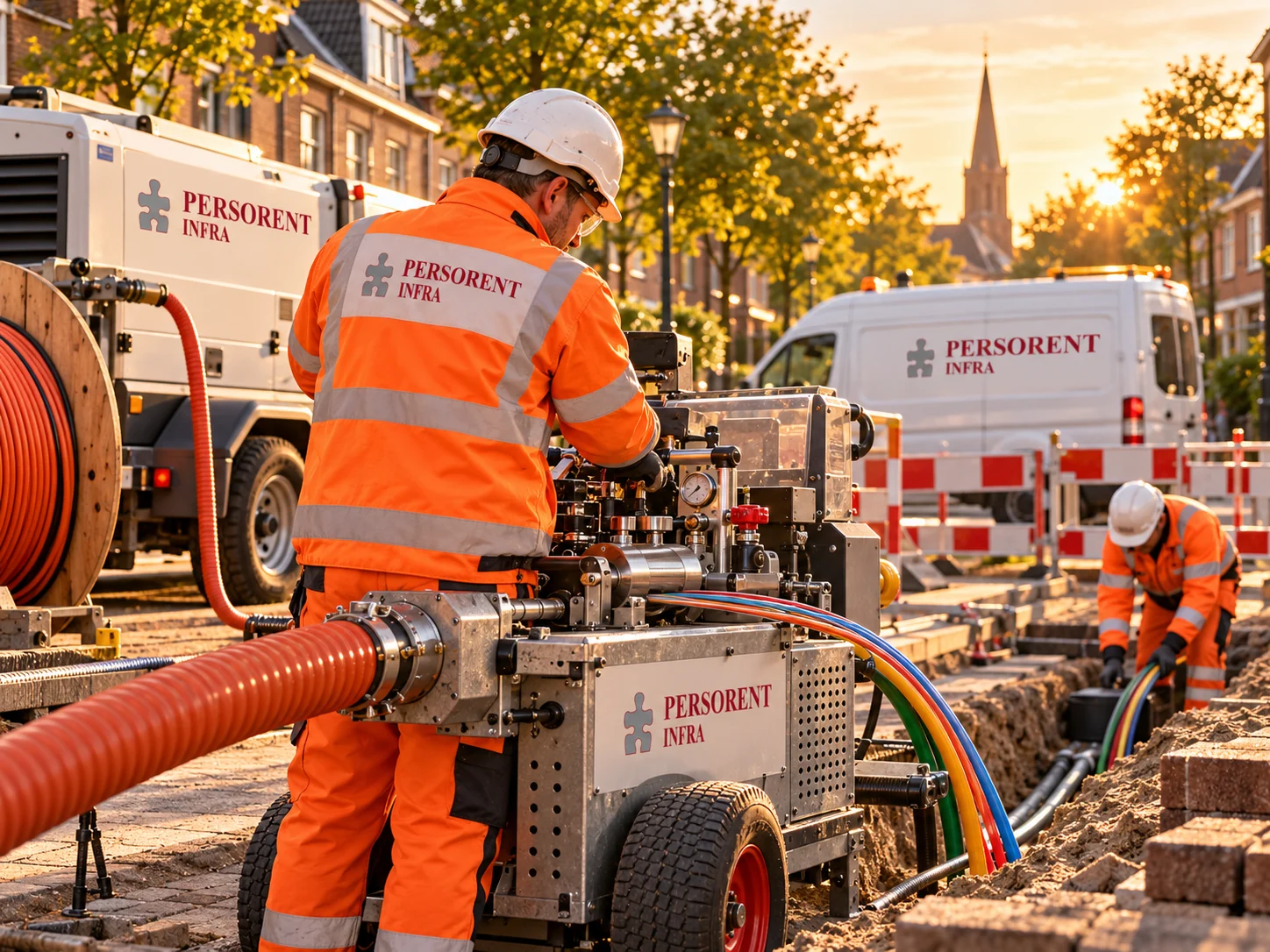 Medewerker van Persorent Infra bedient een kabelblaasmachine bij een sleuf met microducts