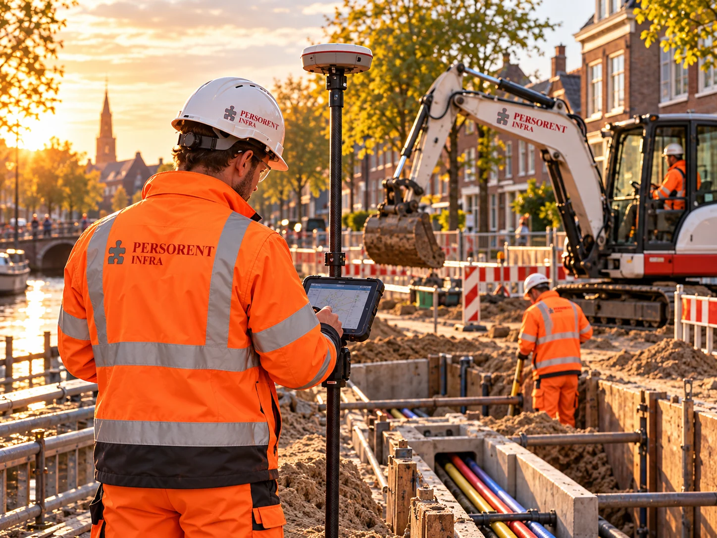 Landmeter in de buitendienst met GNSS-meetstok bij het uitzetten en inmeten van het tracé