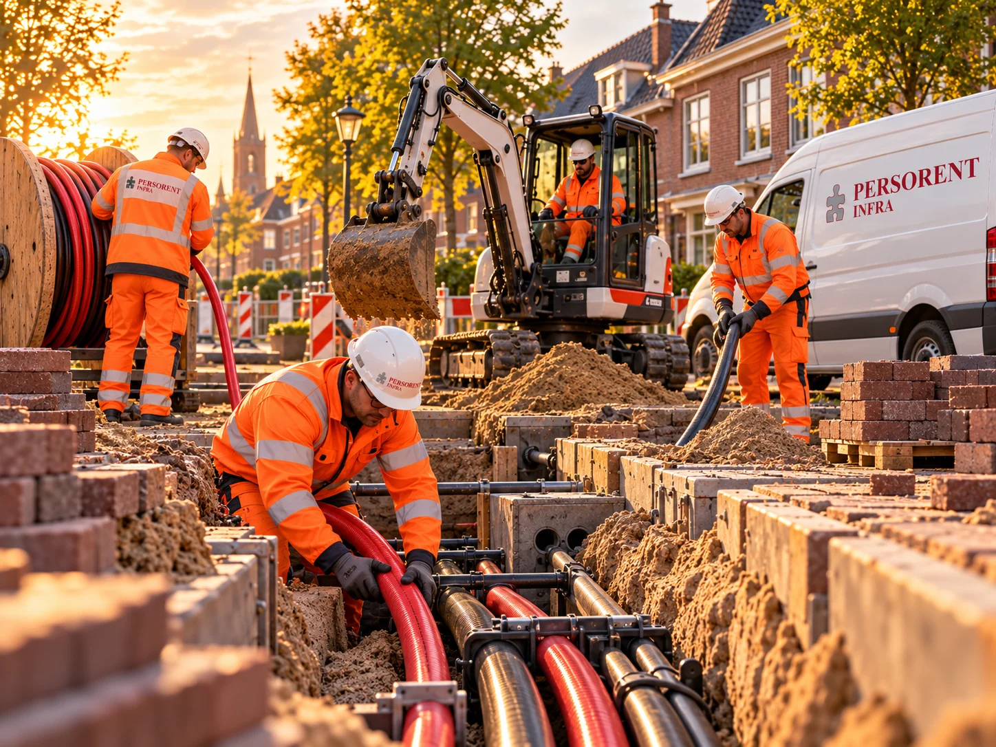 Medewerker in de sleuf met kabelhaspel, minigraver en bedrijfsbus op de achtergrond
