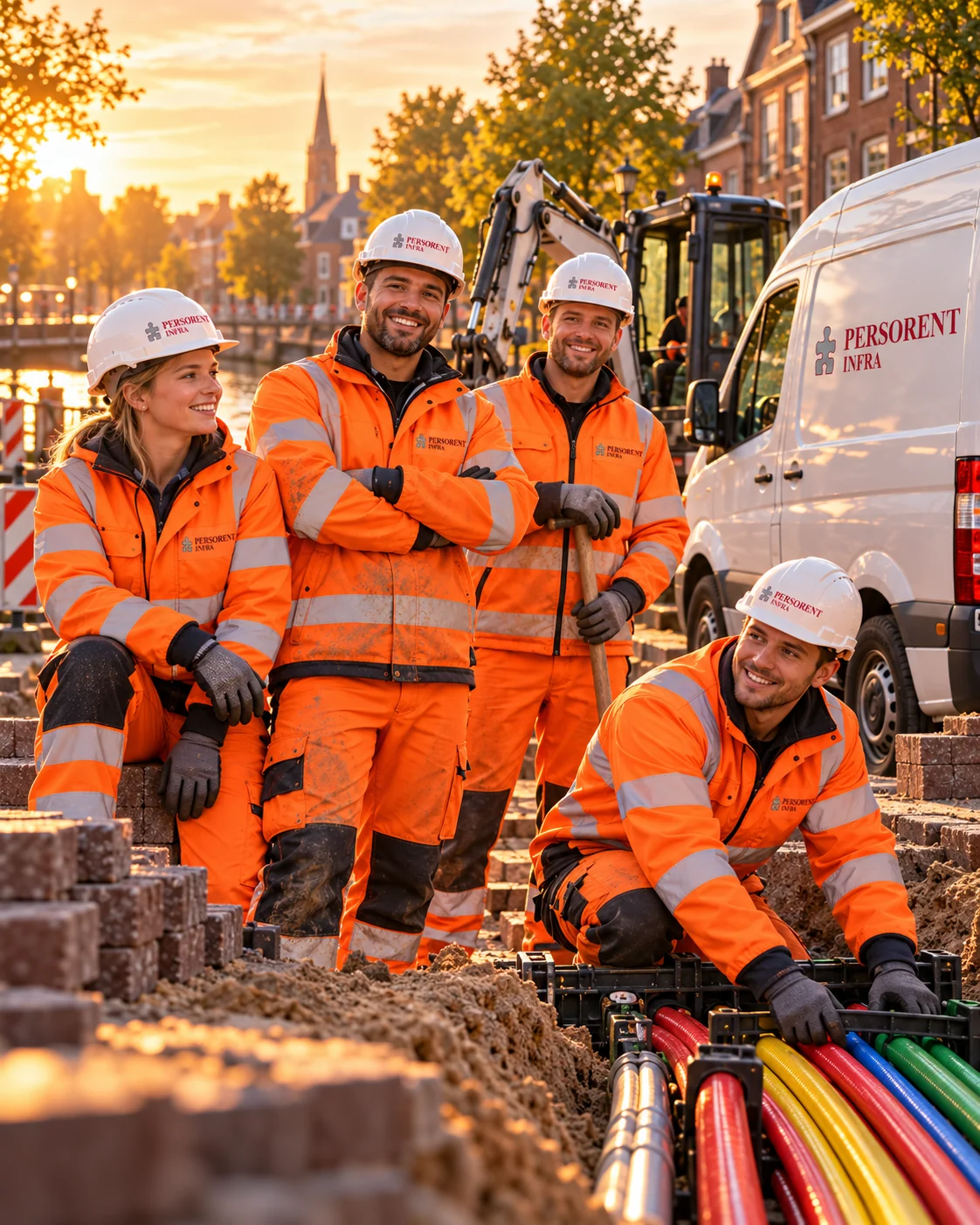 Team van Persorent Infra lacht bij de sleuf, met minigraver en bedrijfsbussen